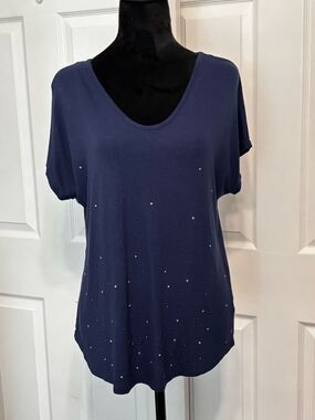 Apt. 9 Rayon Navy Blue Short-Sleeve Embellished Sparkly V-Neck Top Women's Large